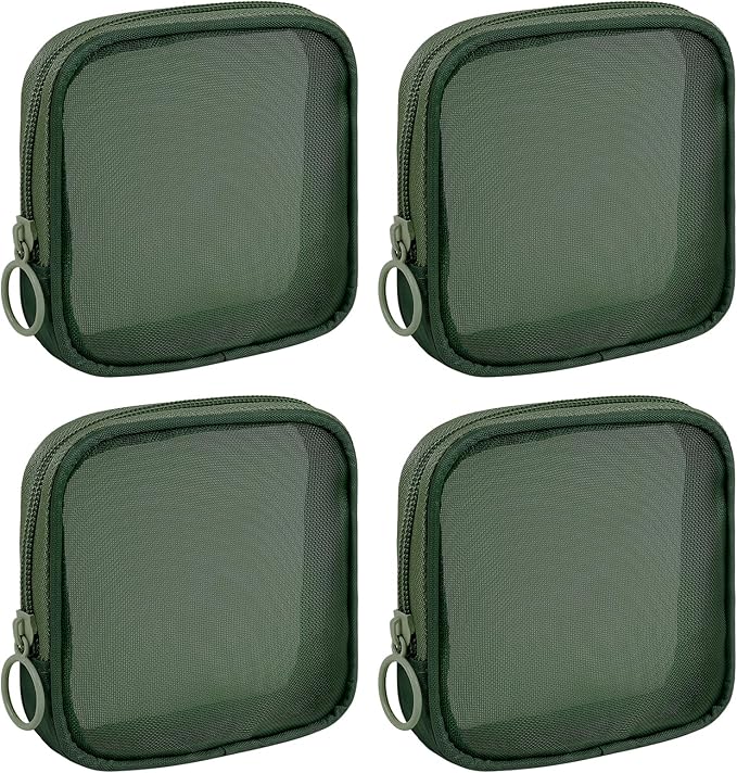 Sinzip 4 Pieces Mini Zipper Nylon Mesh Pouch, Mesh Cosmetic Bags Makeup Bags, Multipurpose Travel Toiletry Bags for Office Supplies and Travel Accessories (Green, S)
