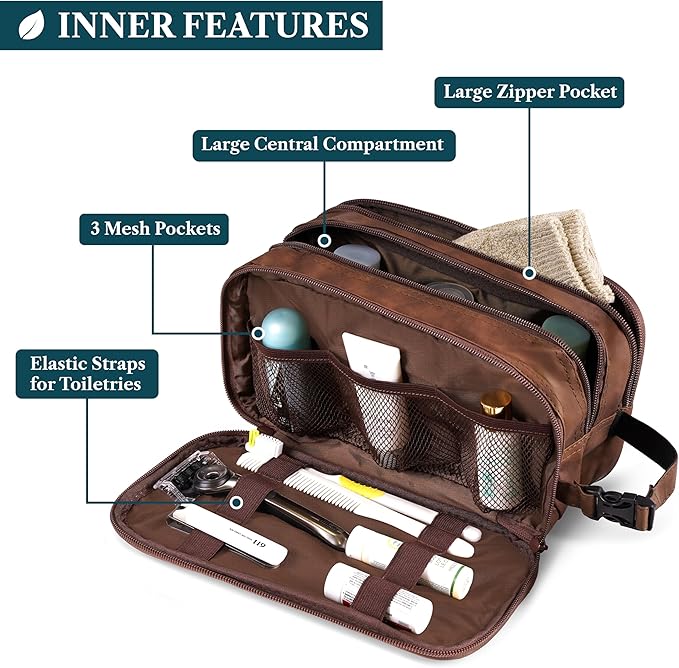 PAVILIA Toiletry Bag for Men, Travel Toiletries Bag | Water-resistant Dopp Kit, PU Leather Shaving Pouch Organizer for Accessories, Cosmetic, Hygiene, Grooming Essentials (XL, Brown)