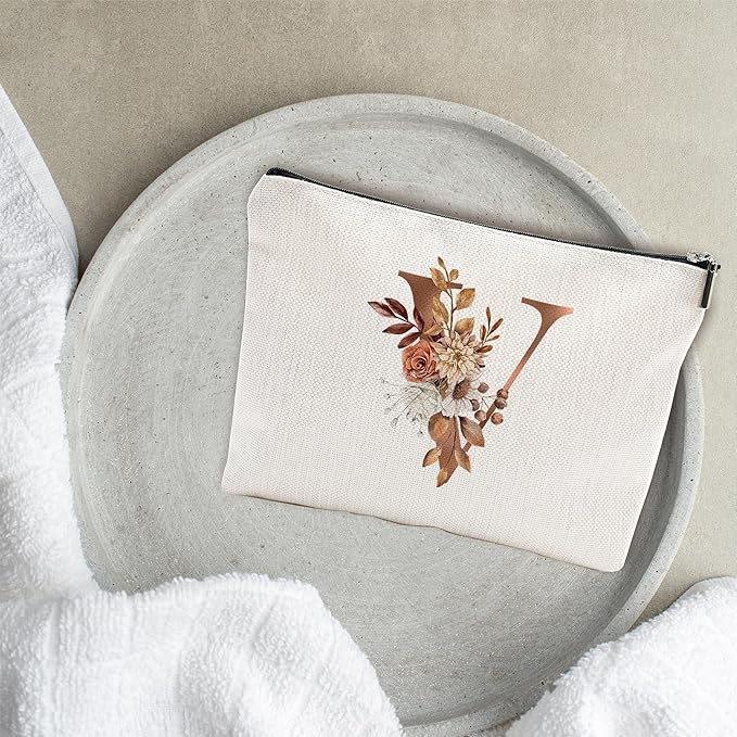 YKYENR A-Z Boho Personalized Cosmetic Bag-Floral Cotton Letter Makeup Bag With Zipper-Artistic Cosmetic Bag For Travel-Bride,Birthday Gift For Women Daughter Friends-Women Makeup Organizer-A22