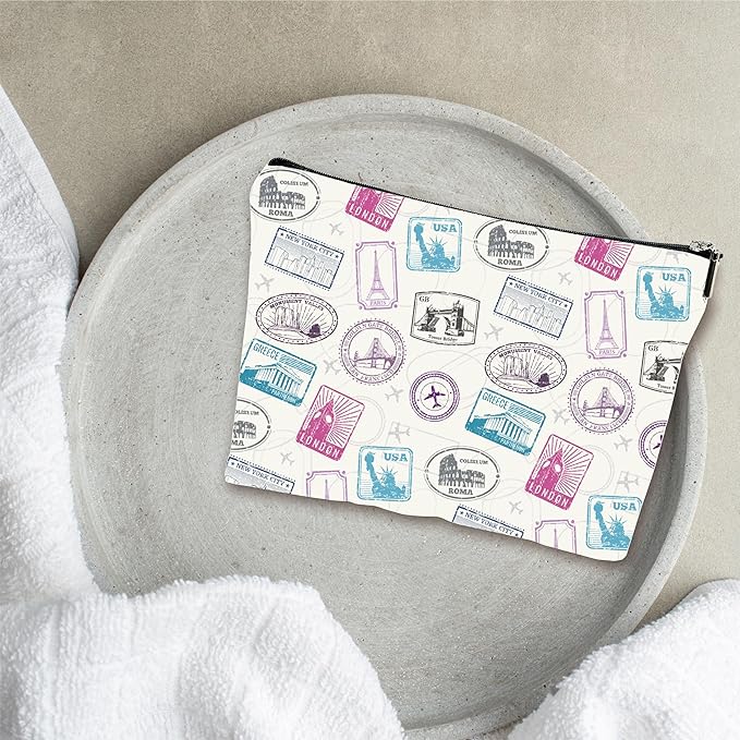 YKYENR Full Print Makeup Bag - Travel Stamps Theme - Waterproof Cosmetic Bag, Toiletry Bag, Gift For Girls, Besties, Personal Care & Accessories - A22