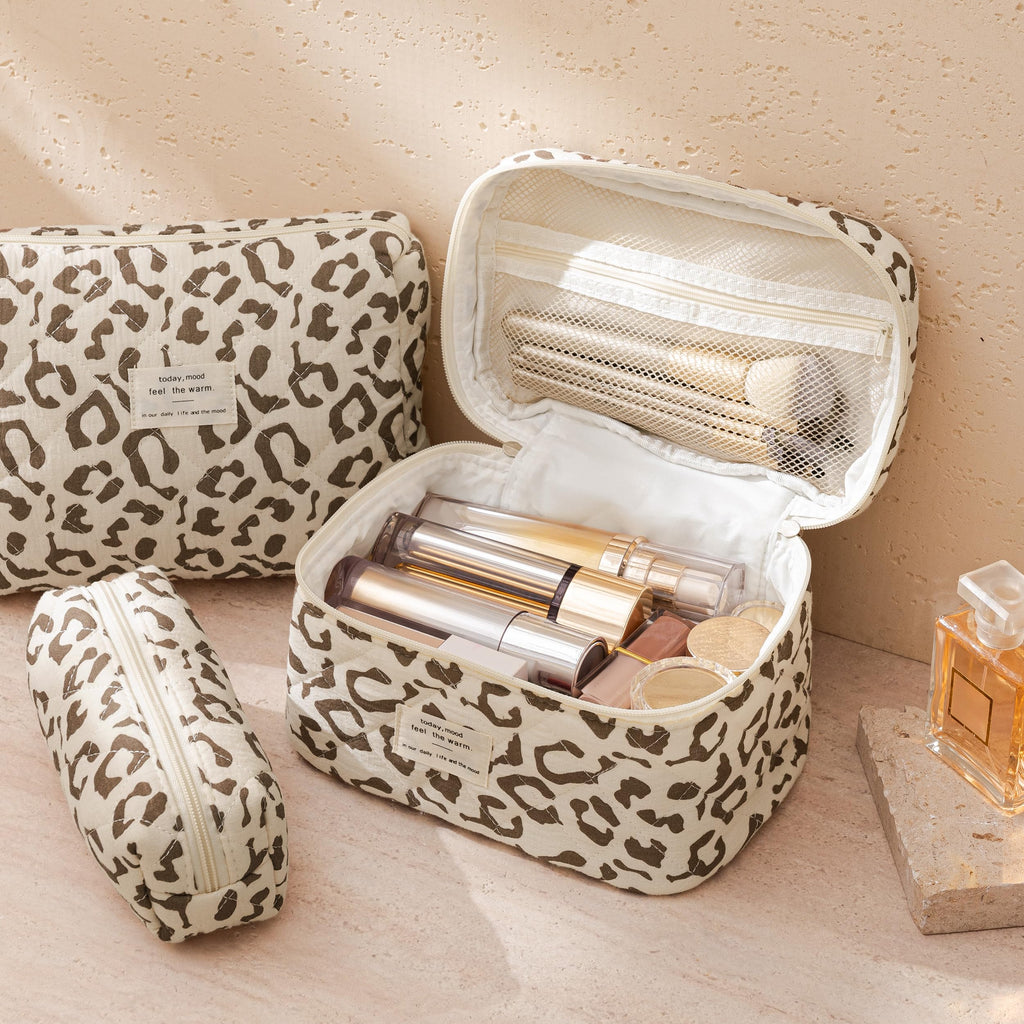 HBselect Quilted Makeup Bag, 3Pcs Cotton Large Travel Makeup Bags Organizer
