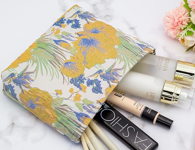Flat Makeup Bag for Women,Zipper Cosmetic Pouch Purse,Brocade Flower Yellow