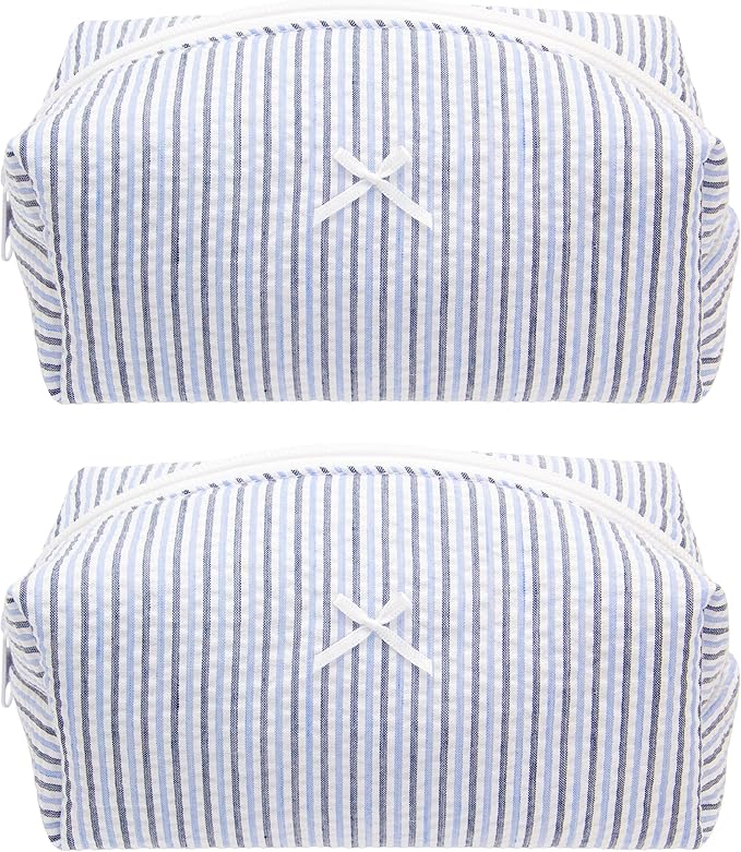 Cozy Makeup Bag for Women,Zipper Cosmetic Pouch,Stripe Blue Mix,2 Pack