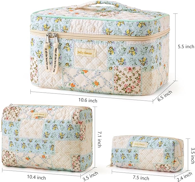 HBselect Quilted Makeup Bag, 3Pcs Cotton Large Travel Makeup Bags Organizer