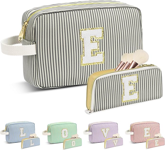 DOSUKE Travel Makeup Bag Christmas Gifts for Women Girl Teens, Personalized Initial Makeup Bag for Cute Teen Girls, Preppy Stuff Toiletry Bag Cosmetic Bag, Teen Girls Gift Trendy Stuff, Letter E
