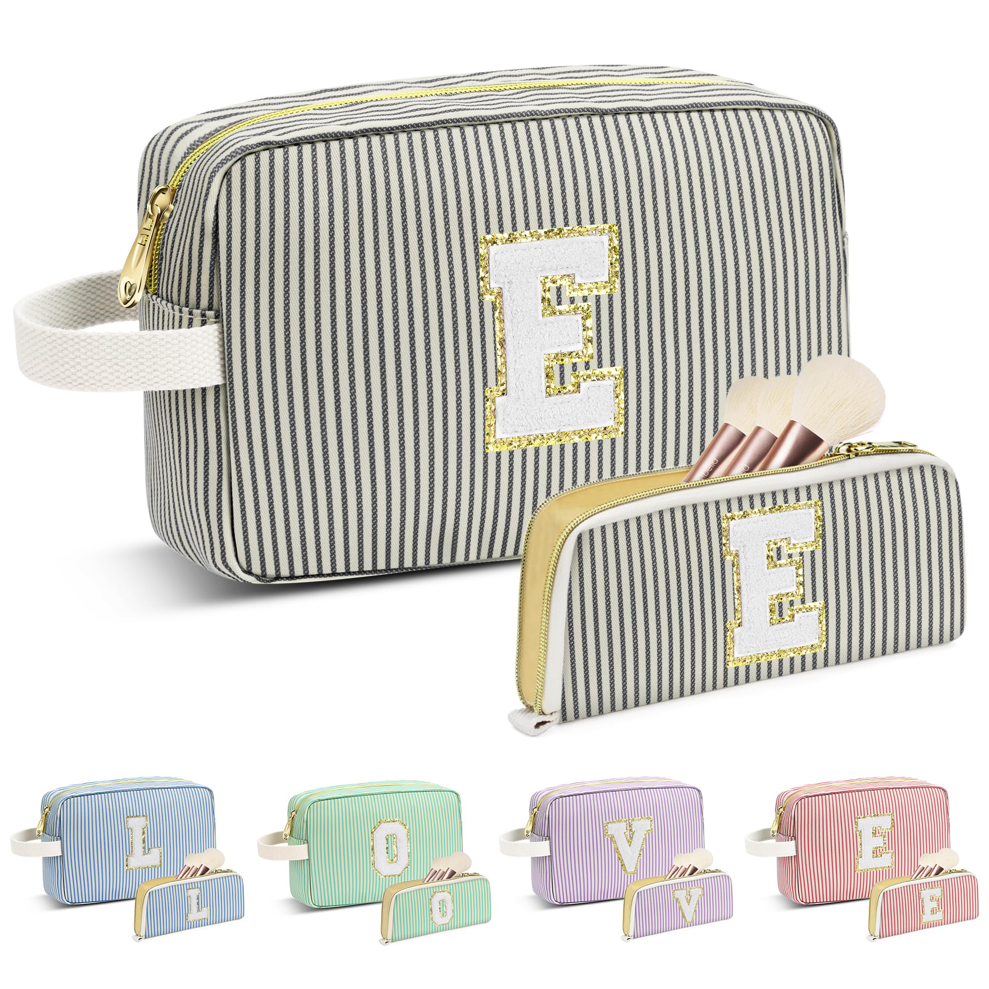 DOSUKE Travel Makeup Bag Christmas Gifts for Women Girl Teens, Personalized Initial Makeup Bag for Cute Teen Girls, Preppy Stuff Toiletry Bag Cosmetic Bag, Teen Girls Gift Trendy Stuff, Letter E