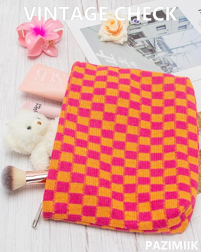 Checkered Makeup Bag for Purse, Small Flat Cosmetic Pouch,Red Orange