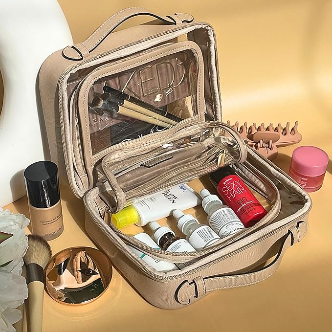 JAZD Clear Makeup Bag Toiletry Bag for Women Cosmetic Case Large Capacity Travel Make Up Bag Organizer Transparent Storage Compartment TSA Approved (BEIGE)