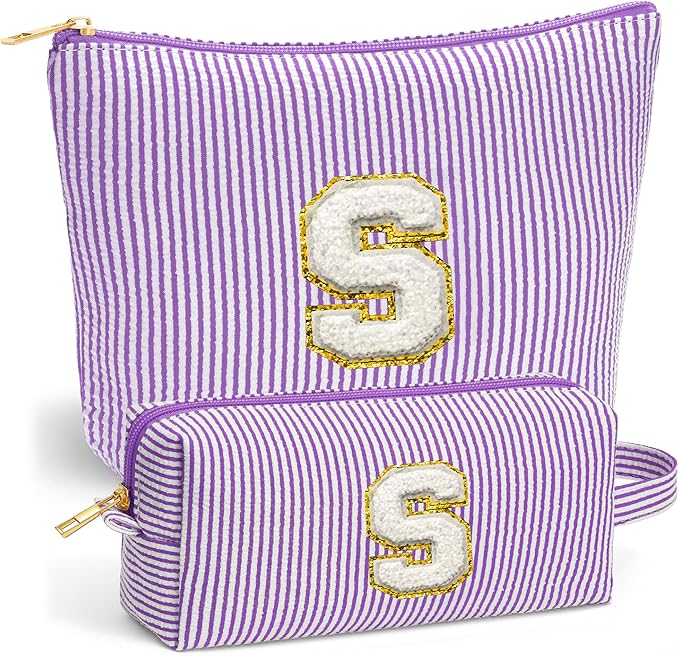 Fohufo Travel Cute Makeup Bag Set - Make up Cosmetic Bag for Women, Small Makeup Bag for Purse Makeup Kit | Purple Stuff Birthday Gifts for Women Travel Essentials, Purple Letter S