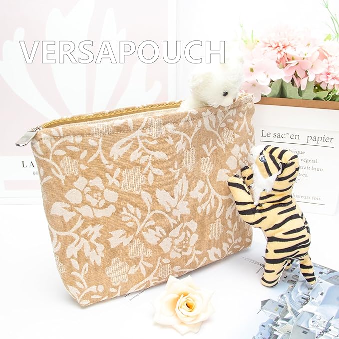 Flat Makeup Bag for Women,Zipper Cosmetic Pouch for Purse,Rose Linen