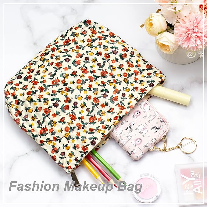 Flat Makeup Bag for Women,Zipper Cosmetic Pouch for Purse,Floral White