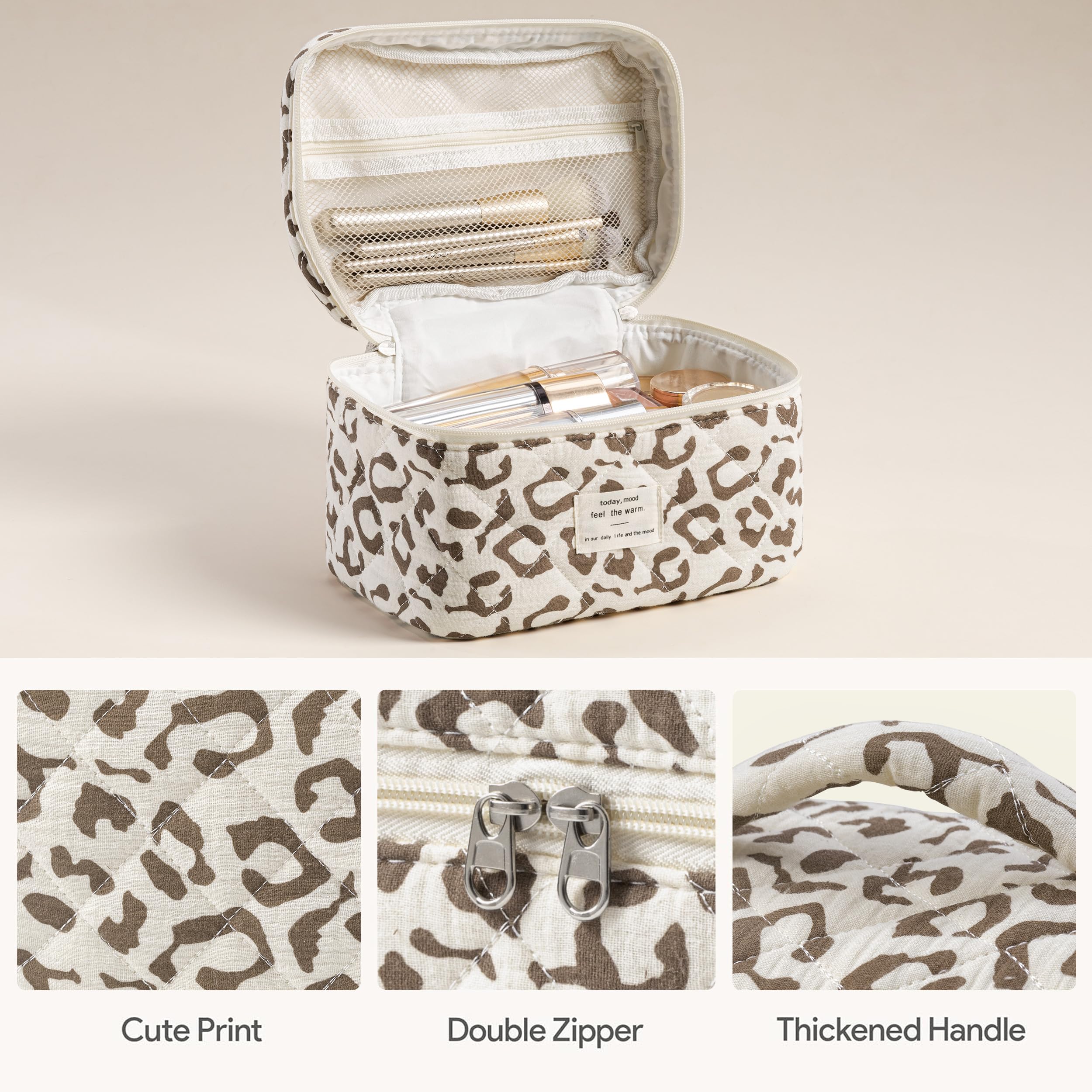 HBselect Quilted Makeup Bag, 3Pcs Cotton Large Travel Makeup Bags Organizer
