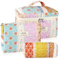 URSKYTOUS 3Pc Cotton Quilted Makeup Bags for Women Large Small Coquette Floral Travel Cosmetic Bag Set Aesthetic Cute Flower Makeup Pouch Portable Toiletry Bag Puffy Essential Storage Organizer Bag