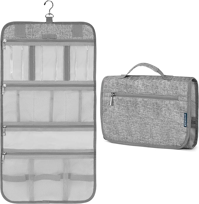 PAVILIA Hanging Toiletry Bag for Women Men, Large Foldable Toiletries Organizer with Hook, Water-Resistant Makeup Cosmetic Rollup Case, Clear Pockets for Bathroom, Gym, Cruise (Heather Grey)