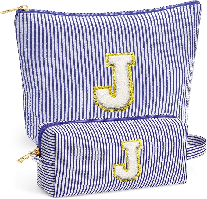 Fohufo Travel Essentials - Portable Travel Toiletry Bag for Women, Initial Makeup Kit Organizer Make up Cosmetic Bag Set Blue Stuff Birthday Gifts for Women Daughter Mom, Blue Letter J