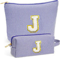 Fohufo Travel Essentials - Portable Travel Toiletry Bag for Women, Initial Makeup Kit Organizer Make up Cosmetic Bag Set Blue Stuff Birthday Gifts for Women Daughter Mom, Blue Letter J