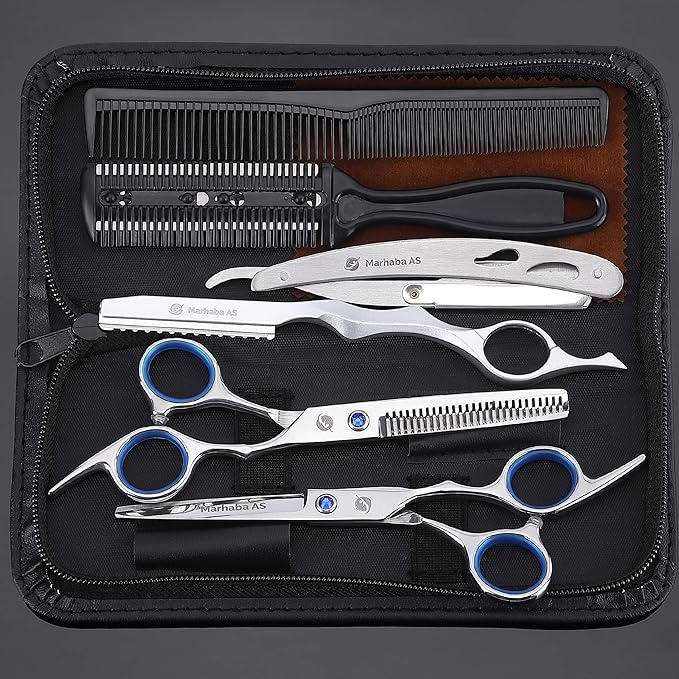 MARHABA AS Hair Scissors Kit – 10 Pieces Stainless Steel Precision Shears for Dry & Wet Hair, Professional and Personal Hair Cutting Set for Men and Women, Sharp Barber Tools with Accessories