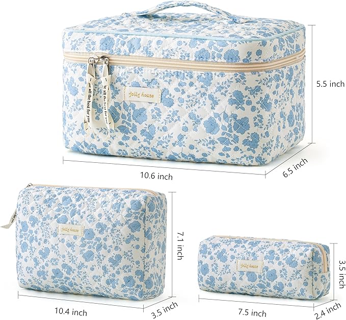 HBselect Quilted Makeup Bag, 3Pcs Cotton Large Travel Makeup Bags Organizer