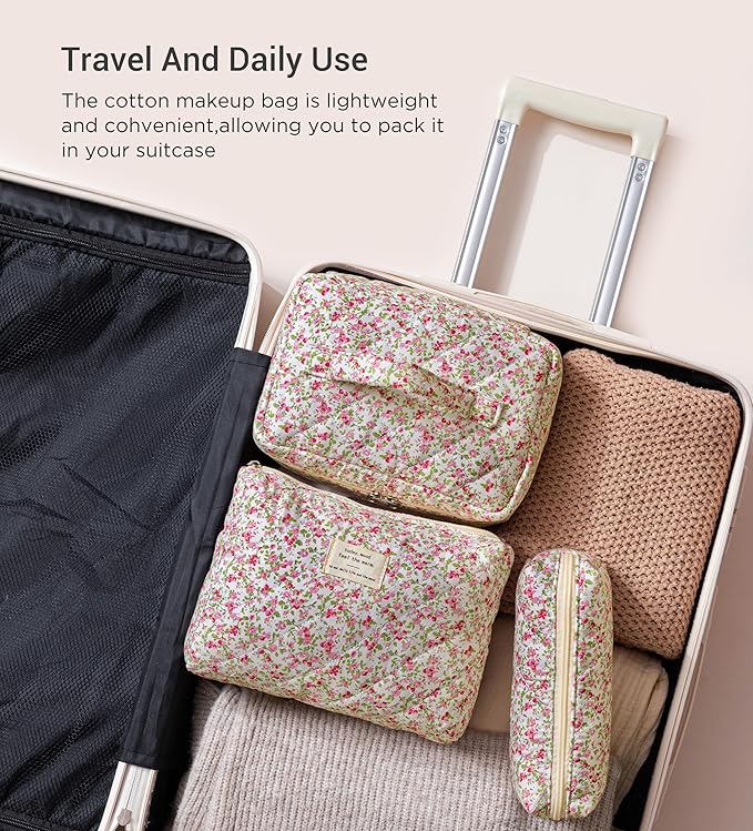 HBselect Quilted Makeup Bag, 3Pcs Cotton Large Travel Makeup Bags Organizer