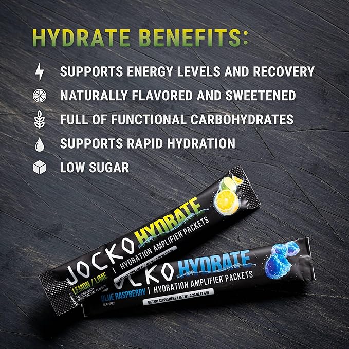 Jocko Fuel Packets Low Sugar - Hydration Amplifier Packets for Recovery, Dehydration, & Exercise - with Vitamins B6, B12 & C (16 Packets) Lemon Lime