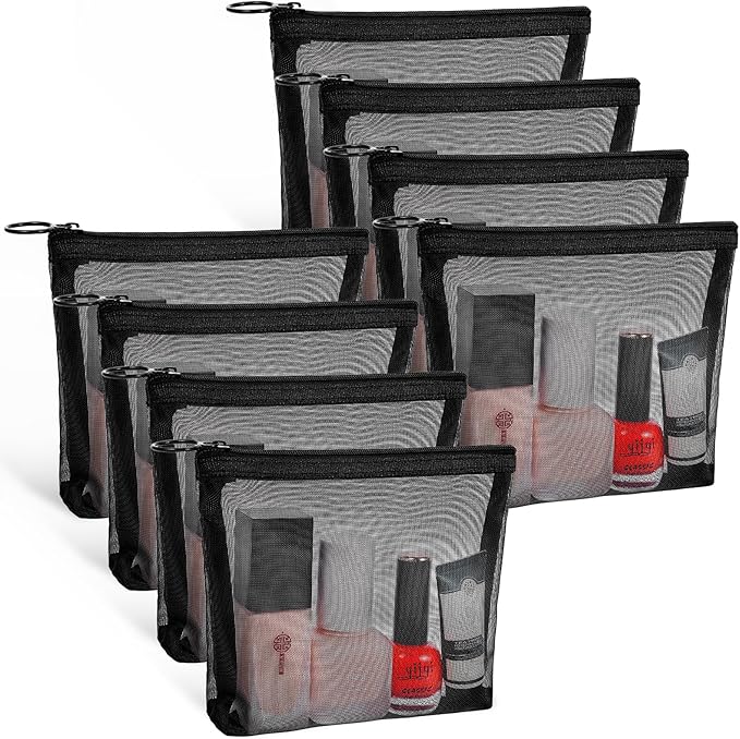 Fassave 8 Pack Mini Zipper Mesh Makeup Bags, Nylon Cosmetic Bags Toiletry Purse Travel Organizer Bags Inside Bag for Office Travel Organization (Widened-Black, S)