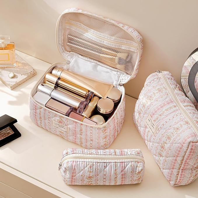 HBselect Quilted Makeup Bag, 3Pcs Cotton Large Travel Makeup Bags Organizer