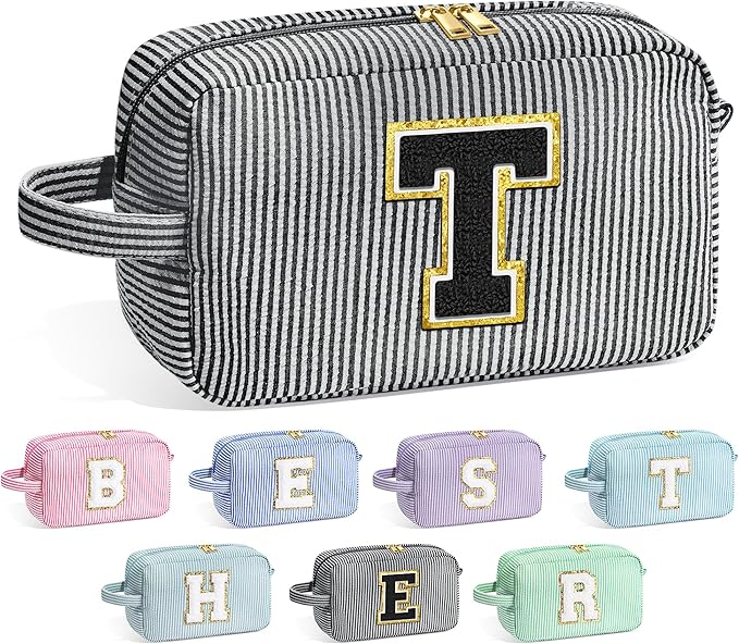 YOOLIFE Teacher Appreciation Gifts for Women - Initial Makeup Bag Letter Toiletry Pouch Cosmetic Case, Personalized Birthday Gifts for Women Girls Mom Daughter Sister Friends, Black T