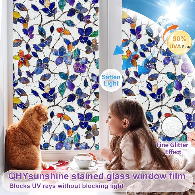 QHYsunshine Window Privacy Film Stained Glass Window Film Frosted Window Film Window clings Non-Adhesive Reusable Decorative for Home Removable (Purple Frosted,17.5 X 157.4 in