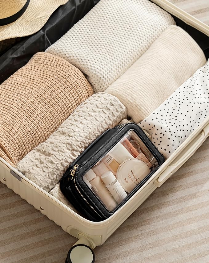 Vorey Medium Clear Makeup Bag for Women, Portable Travel Makeup Bag Organizer Waterproof Toiletry Bag Cute Makeup Bags Cosmetic Bag Makeup Pouch, Black
