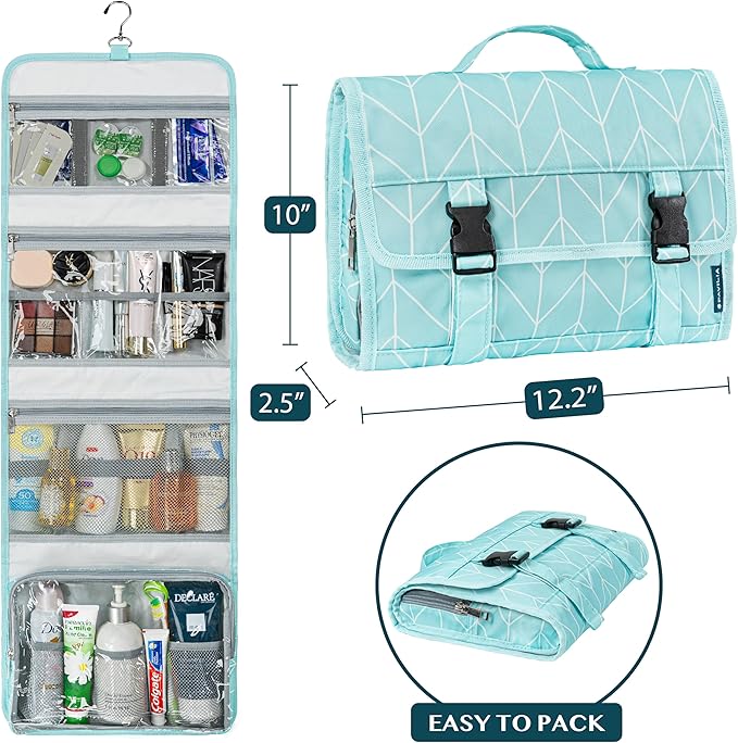 PAVILIA Travel Hanging Toiletry Bag for Women Men, Large Capacity Makeup Bag Kit, Waterproof Cosmetic Storage Organizer Case for Bathroom Shower, Teal Chevron