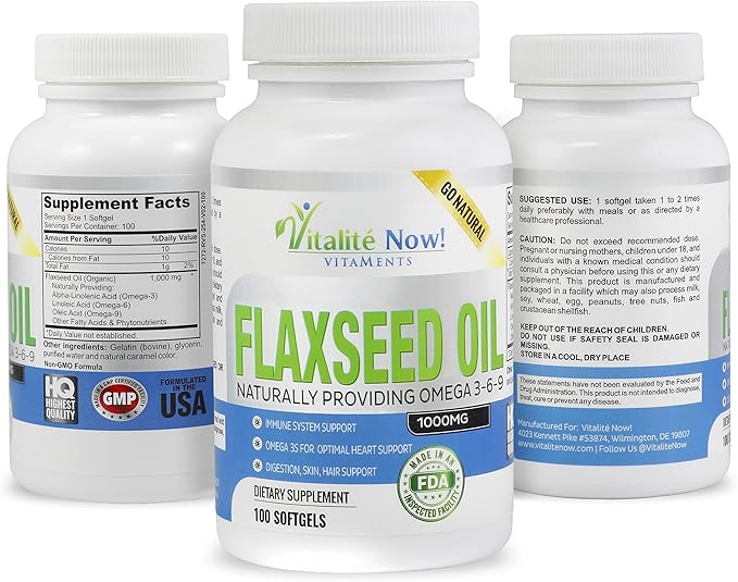 Vitalité Now! Organic Flaxseed Oil Softgels - 1000mg Premium, Virgin Cold Pressed from Flax Seeds - Hair Skin & Nails Support - Omega 3-6-9 Supplement - 100 Count - More Than 3 Month Supply!