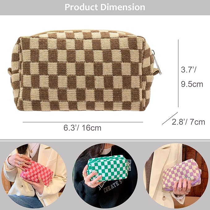 Checkered Makeup Bag for Purse, Small Travel Cosmetic Pouch,Coffee,2 Pack