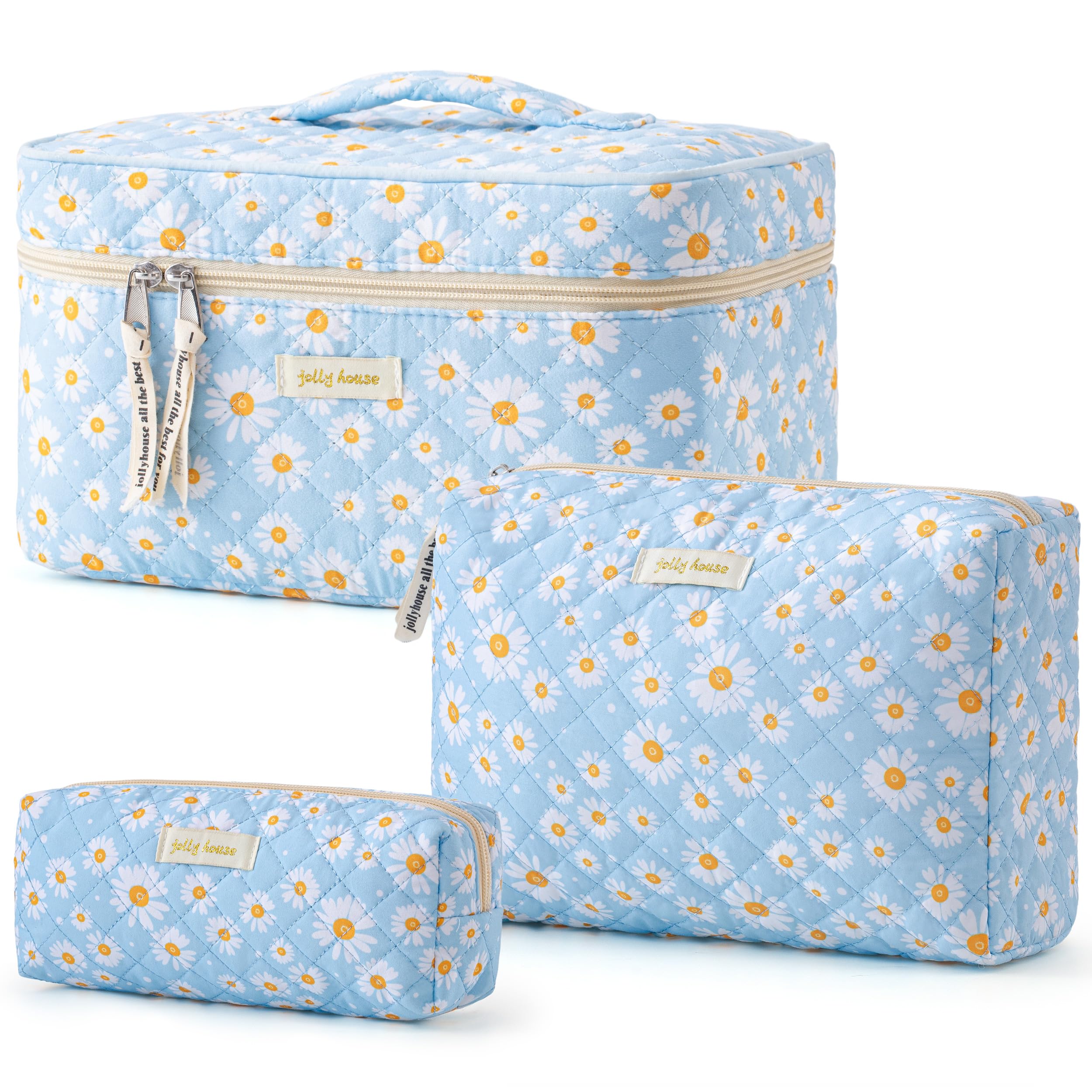 HBselect Quilted Makeup Bag, 3Pcs Cotton Large Travel Makeup Bags Organizer