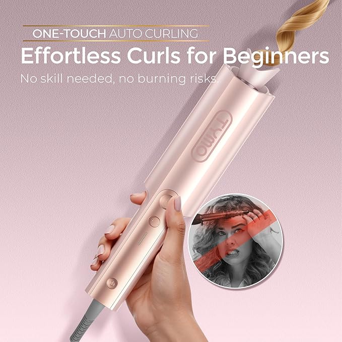 TYMO CurlPro Plus Automatic Rotating Curling Iron - Upgraded Long Barrel Curling Wand for Long Hair, Ceramic Hair Curler for Women, Anti-Scald, Tangle-Free, 600M Ionic, Dual Voltage,Gold Blush, 1 Inch