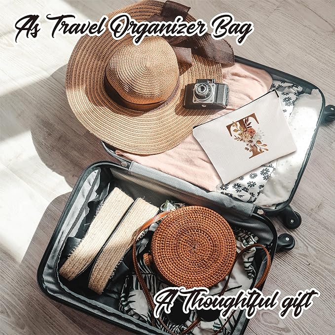 YKYENR A-Z Boho Personalized Cosmetic Bag-Floral Cotton Letter Makeup Bag With Zipper-Artistic Cosmetic Bag For Travel-Bride,Birthday Gift For Women Daughter Friends-Women Makeup Organizer-A20