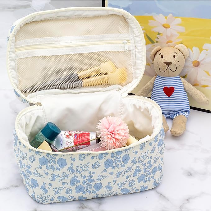 3 Piece Quilted Makeup Bag Set for Women,Cosmetic&Toiletry Bag,Flower Blue