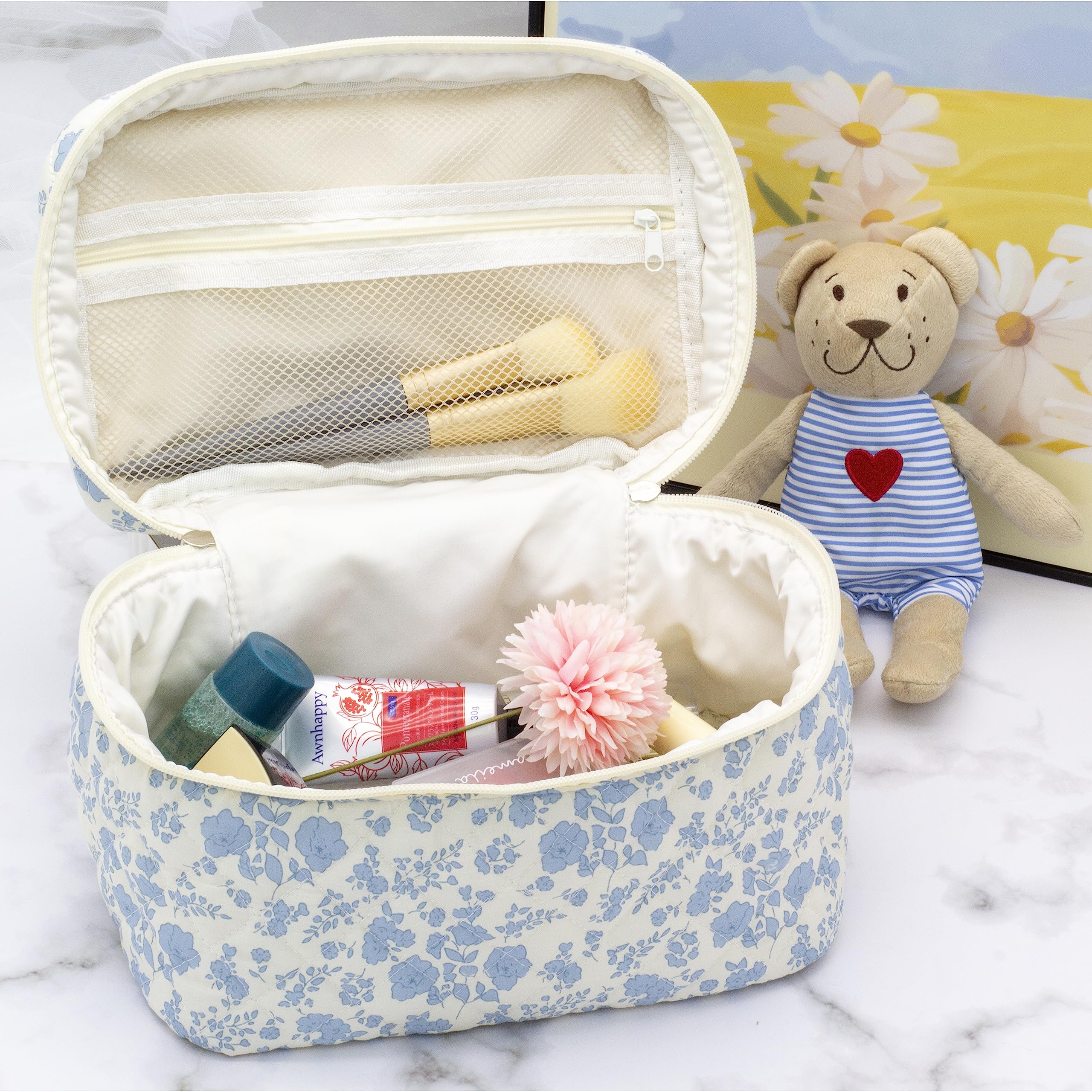3 Piece Quilted Makeup Bag Set for Women,Cosmetic&Toiletry Bag,Flower Blue