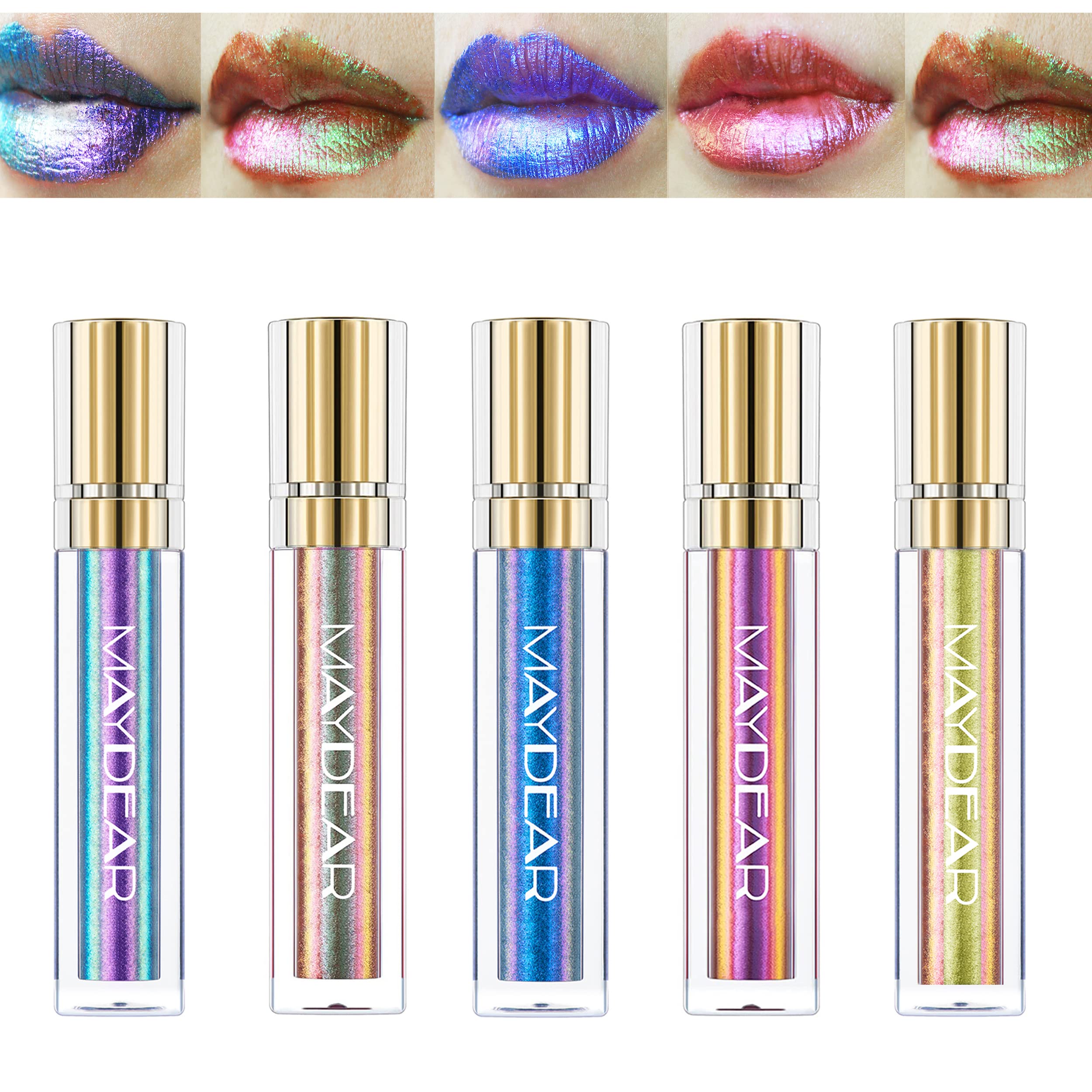 Maydear Chameleon Lipstick 5 Colors Set, Long Lasting Waterproof Colourful Diamond Shimmer Lip Gloss for Women Girls Makeup kit