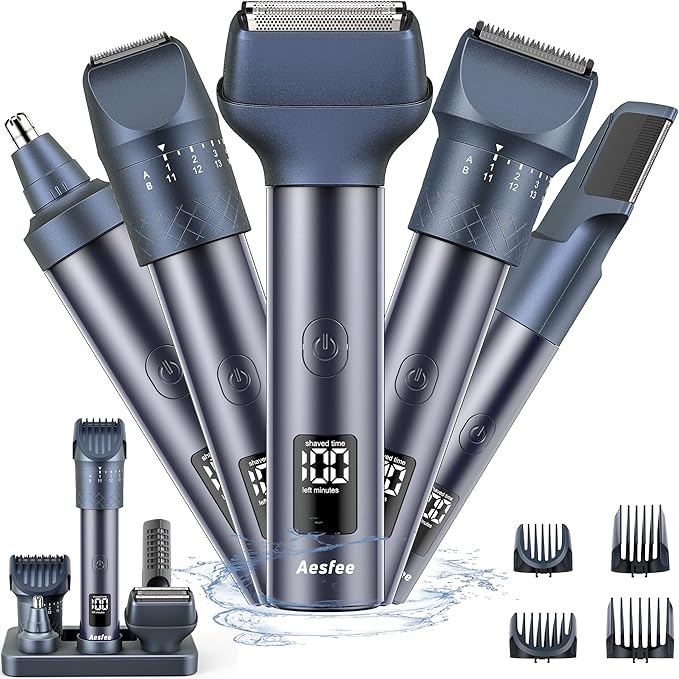 Aesfee Beard Trimmer for Men, 5-in-1 Waterproof Electric Razor & Hair Clippers Grooming Kit with 20 Precision Dial Lengths, USB-C Organizer & Charging Dock