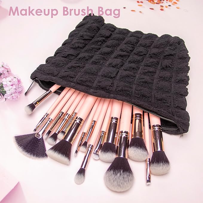 Flat Makeup Bag for Women,Zipper Cosmetic Pouch for Purse,Bubble Black
