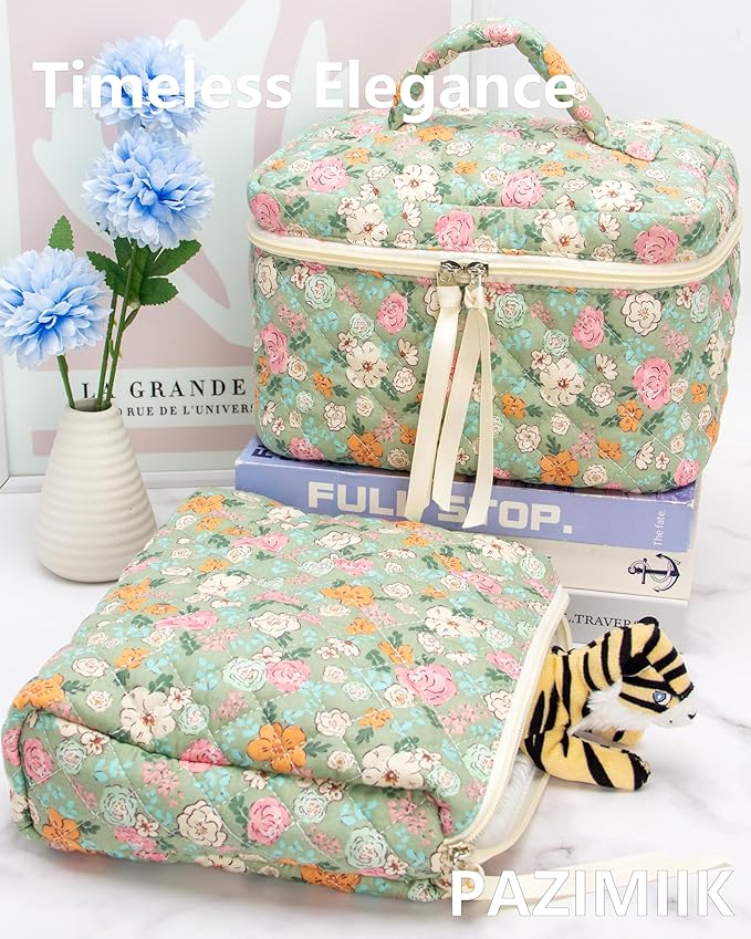 Quilted Makeup Bag for Women, Travel Cosmetic&Toiletry Bag,Green Flower