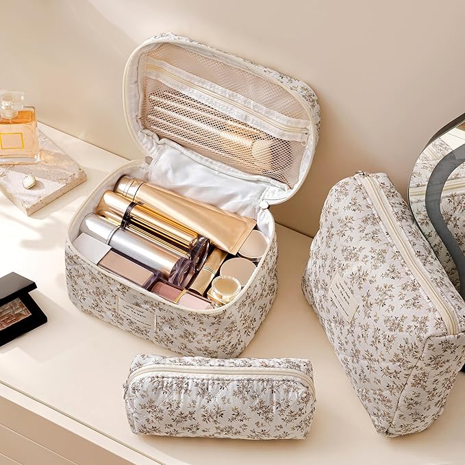 HBselect Quilted Makeup Bag, 3Pcs Cotton Large Travel Makeup Bags Organizer