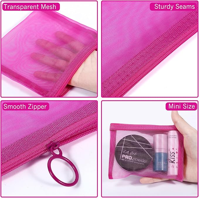 Fassave 8 Pack Mini Zipper Mesh Makeup Bags, Nylon Cosmetic Bags Toiletry Purse Travel Organizer Bags Inside Bag for Office Travel Organization (Multicolor, S)