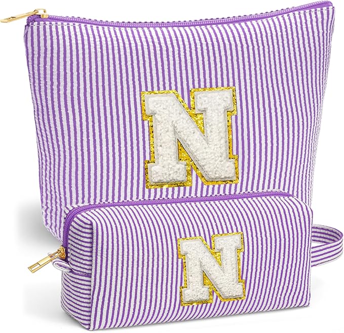Fohufo Initial Travel Toiletry Bag for Women - Travel Essentials, Travel Makeup Bag Small Cosmetic Make up Bag Cute Stuff Birthday Gifts for Women Mom Girlfriend Teacher, Purple Letter N
