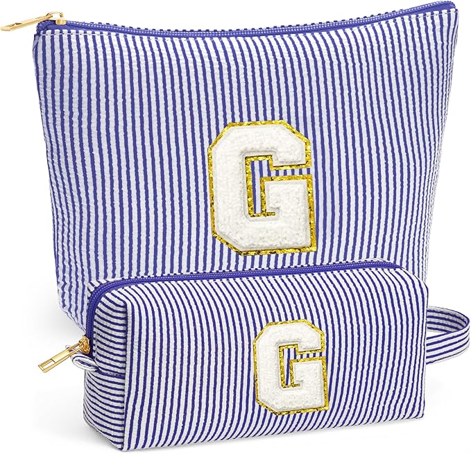 Fohufo Travel Makeup Bag Organizer - Travel Essentials Toiletry Bag for Women, Initial Travel Toiletry Bag with Zipper | Preppy Stuff Birthday Gifts for Women Mom Daughter, Blue Letter G