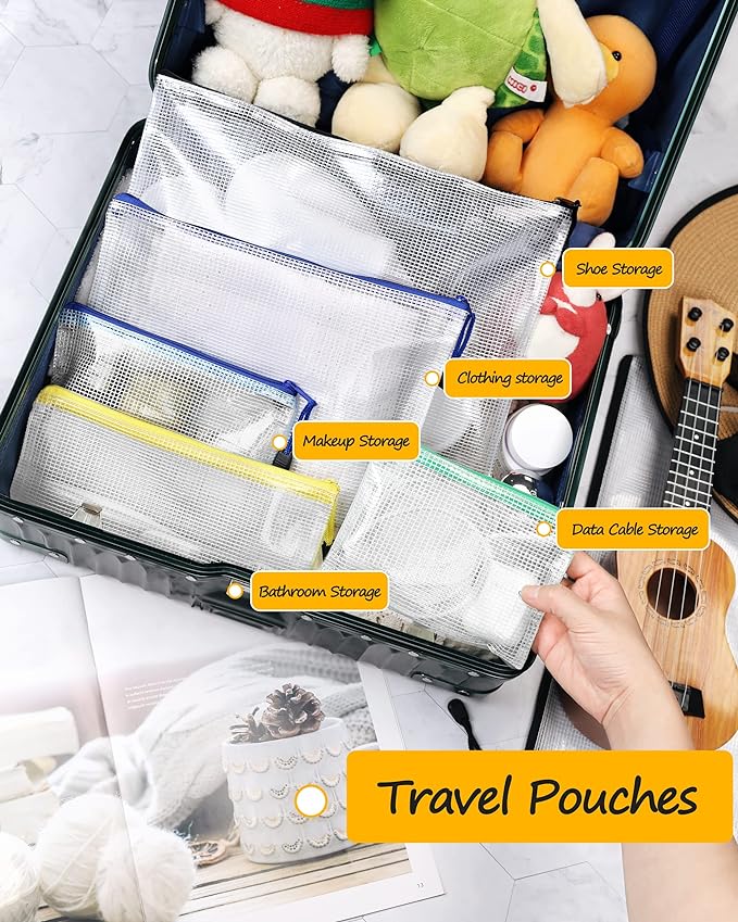SUNEE Plastic Mesh Zipper Pouch 11x15 in (9 Colors, 18 Packs),Extra Large Water-Resistant Zip Bag for School Office Supplies, Puzzles & Games Organizing Storage