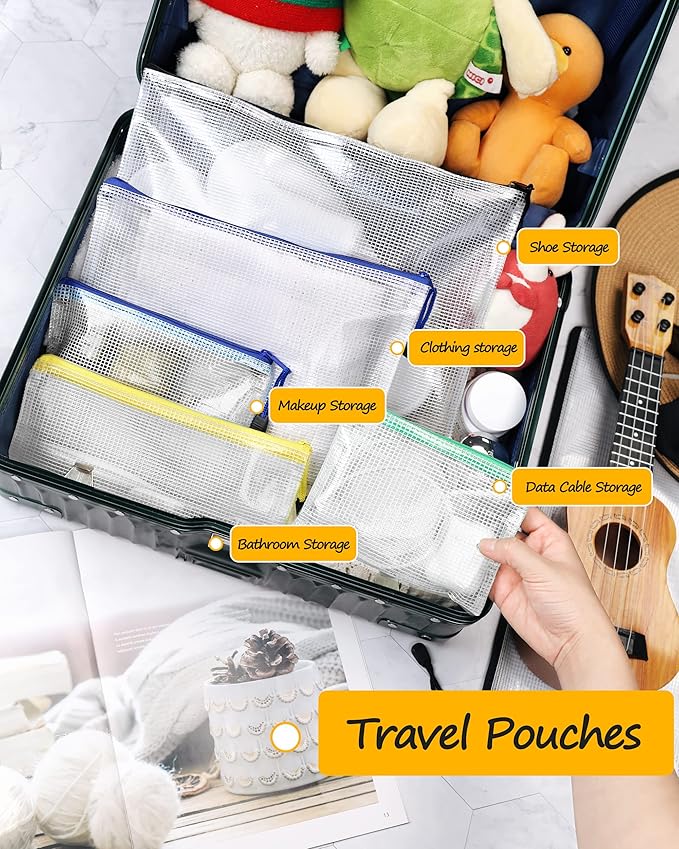 SUNEE Plastic Mesh Zipper Pouch 6.8x9.2 in (9 Colors, 18 Packs),Extra Large Water-Resistant Zip Bag for School Office Supplies, Puzzles & Games Organizing Storage