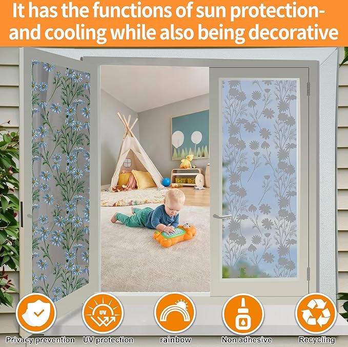 One Way Privacy Film, Window Tint for Home,Daytime Reflective, Anti UV Static Cling Sliding Door Coverings No Glue Garage Solar Paper (Black - Silver-Daisy, 45.27 x 78.7 in)