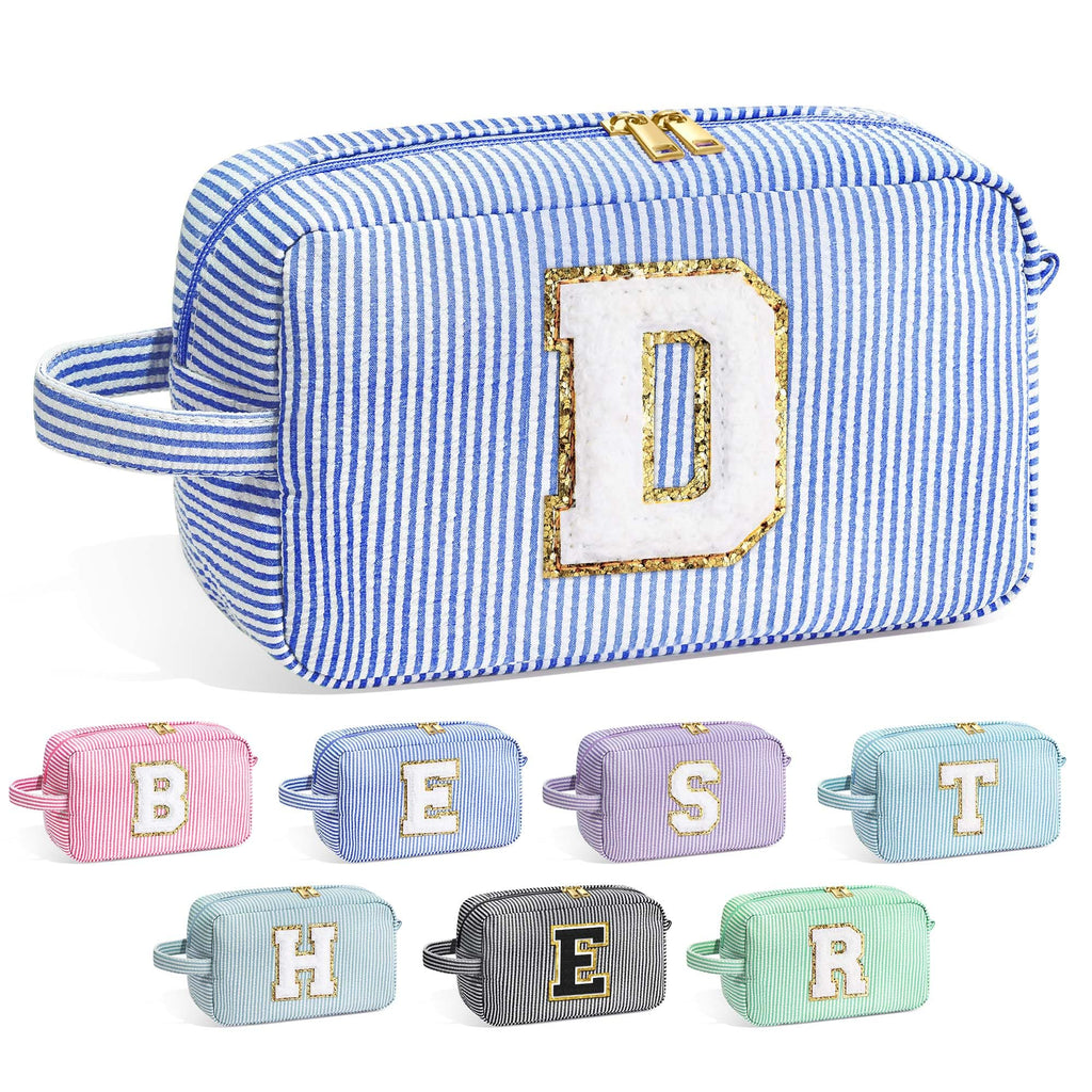 YOOLIFE Birthday Gifts for 6 7 8 9 10 11 12 13 14 15 Year Old Teen Girl - Initial Makeup Bag Letter Toiletry Pouch Cosmetic Case, Personalized Teen Girl Gifts Trendy Stuff Party Favor, Blue D