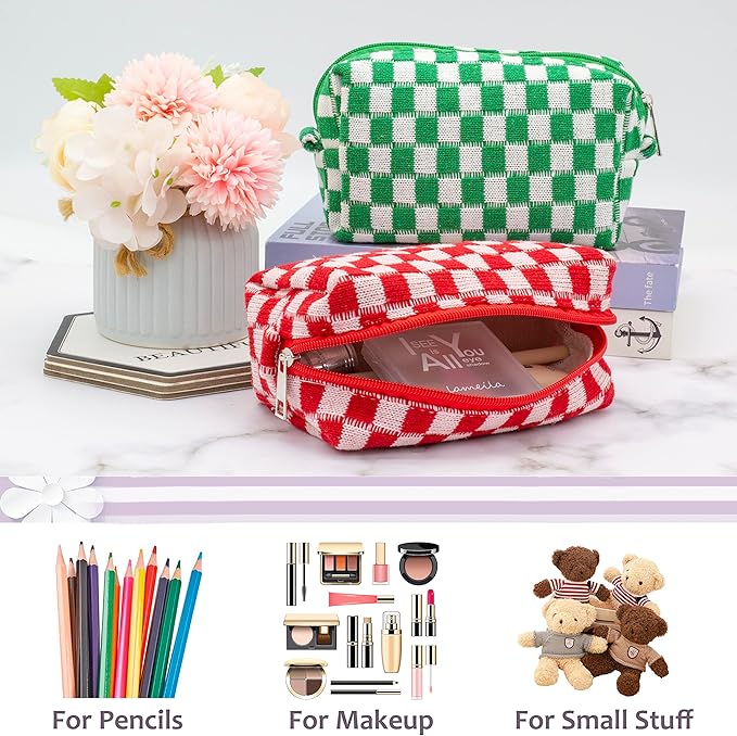 Checkered Makeup Bag for Purse, Small Travel Cosmetic Pouch,Red,2 Pack